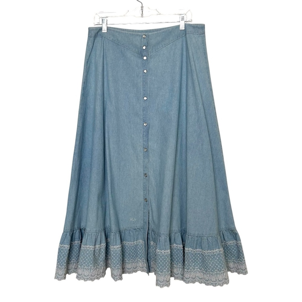 Ralph Lauren Vintage Chambray Maxi Ruffle Eyelet Skirt size 14